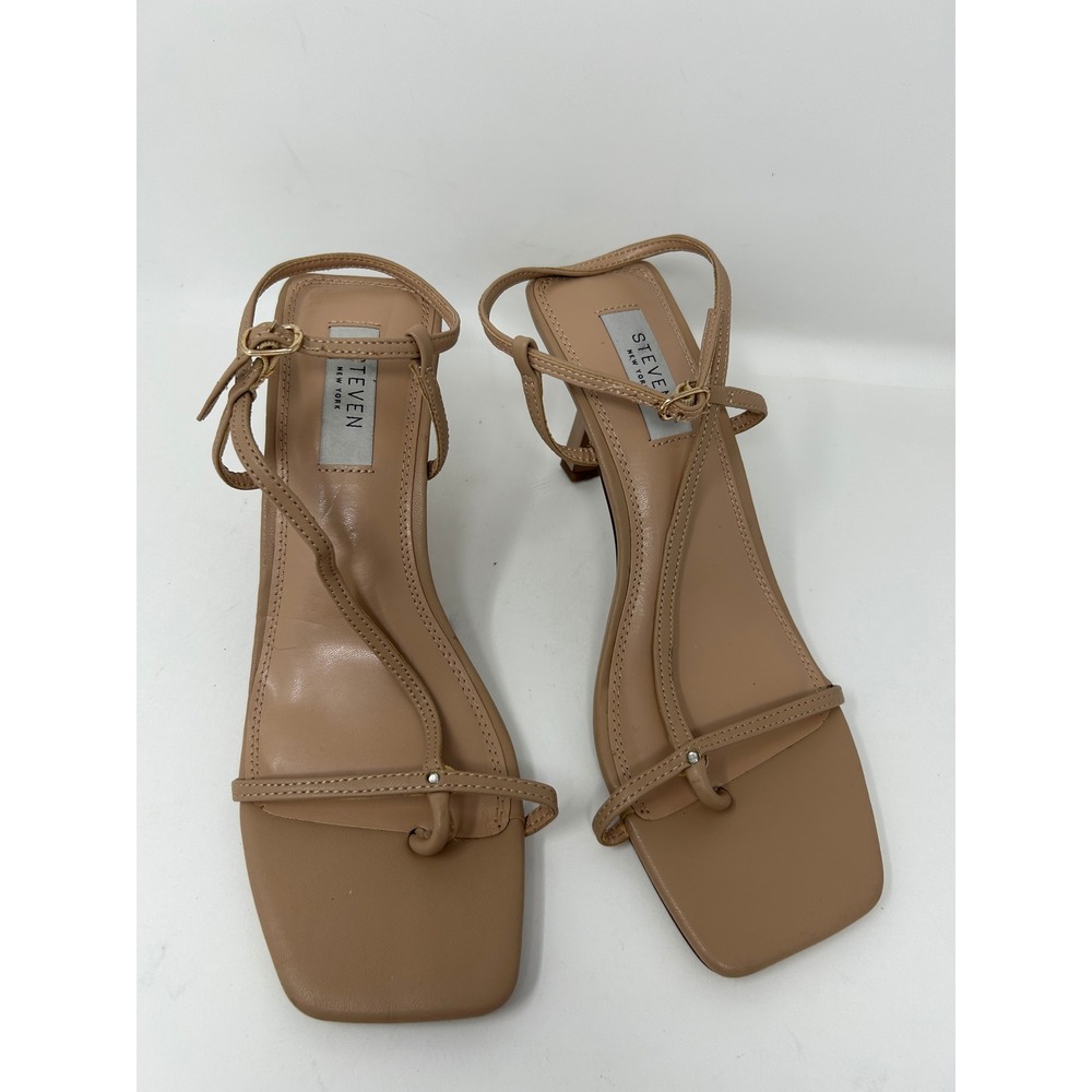 Steven New York Tan Strappy Kitten Heel Sandals Square Toe Nude Buckle Womens 7